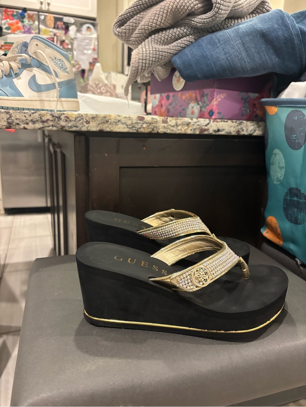 GUESS Black and Gold Rhinestone Wedge Thong Sandals